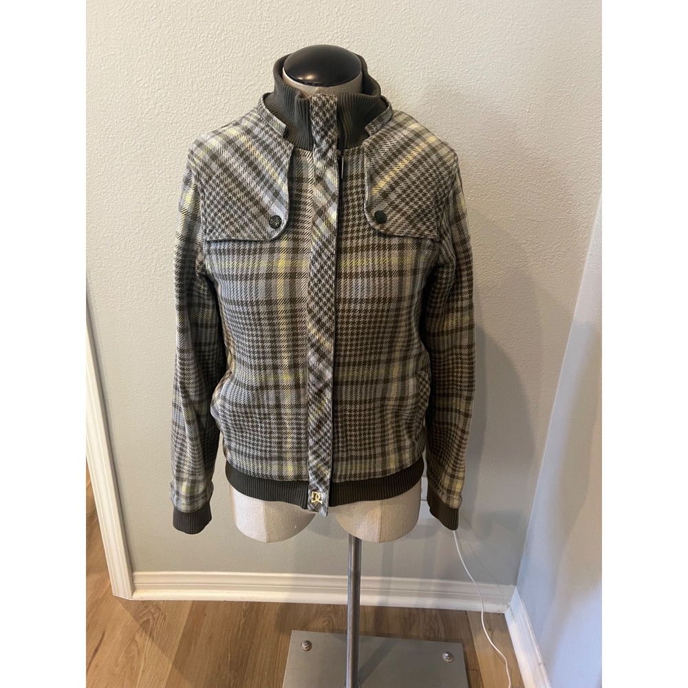 DC Shoes Women's Plaid Sherpa‎ Lined Bomber Jacket Gray Yellow Size Small S